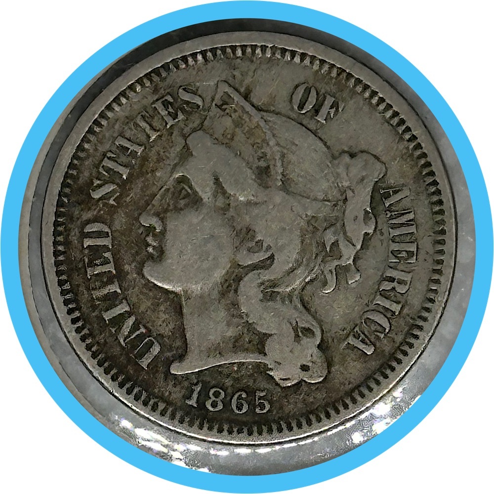 U.S. Mint - Authentic Vintage Rare 1865 Silver three cent coin